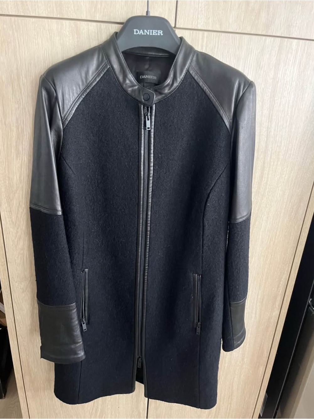 Danier Women’s Black Wool & Leather Zip-Up Leather Coat